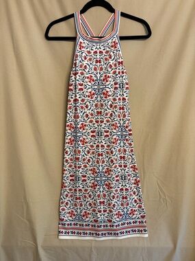 Max Studio White Halter Dress with Red & Navy Pattern